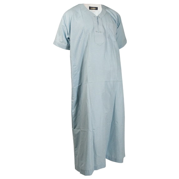 Hijaz Sky Blue Colored Short Sleeve Lounge Thobes with White Plaid Stitching