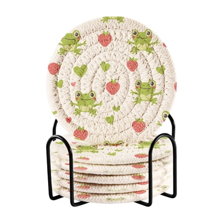 Dailycode 6 Pcs Drink Coasters Set with Holder Woven Absorbent Tabletop Protection Hot Pad Frog Strawberries Heart