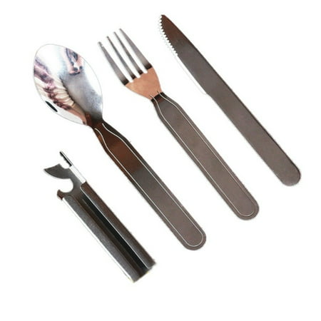 Outdoor Kitchen Kit Tableware Outdoor Stainless Steel Durable Portable Multi-functional Fork Spoon (Knife) 4-Piece Bottle Jar Opener Camping Hiking Accessory Kit ()