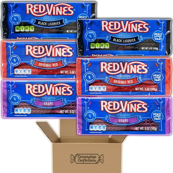 Red Vines Twists 3 Flavor Bulk Variety Pack - Original Red, Grape, Black Licorice - Over 80 Twists Total From 3 Fun Flavors of Licorice - Individually Sealed Trays in Cornershop Confections Pack