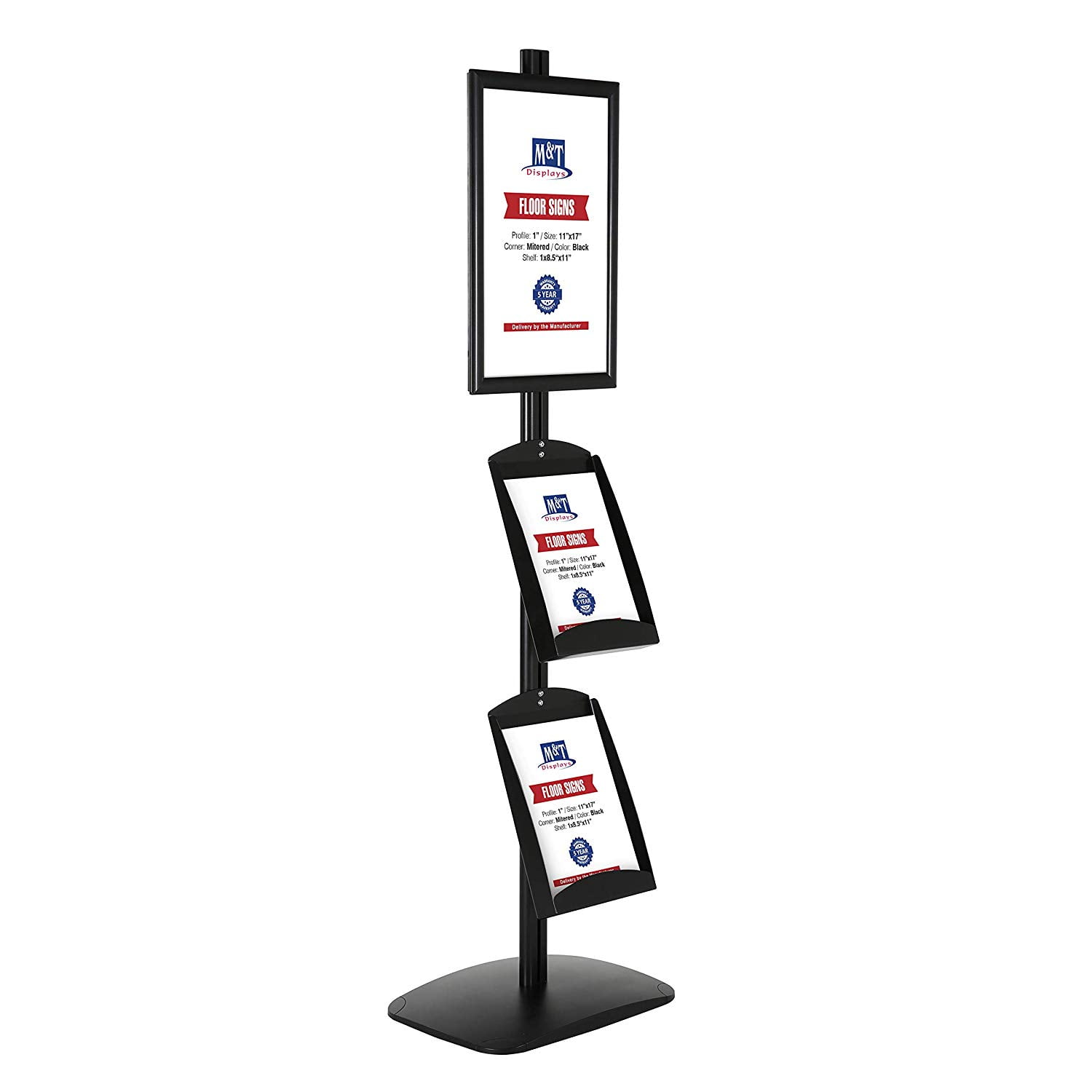 MT Displays Free Standing Display Stand with x (11X17) Frame in Portrait/Landscape  and x (8.5x11) Steel Shelves, Single Sided (Black)
