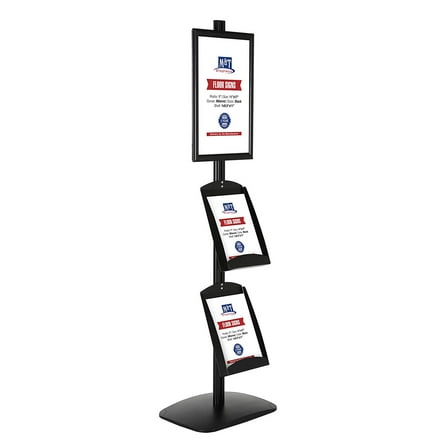 M&T Displays Free Standing Display Stand with 1 x (11X17) Frame in Portrait/Landscape and 2 x (8.5x11) Steel Shelves, Single Sided (Black)
