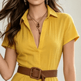 thumbnail image 3 of Morttic Women's Shirt Dress with Belt – Short Sleeve Solid Color Summer Casual A-Line Maxi Dress for Office & Daily Wear Yellow，S, 3 of 6