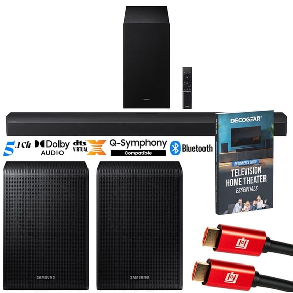 Samsung B-Series Soundbar HW-B750F 5.1 ch Subwoofer (2025) Bundle with SWA-9250S Wireless Rear Speakers, 2x 4K HDMI Cable and Deco Gear Complete Home Theater Beginner's Guidebook
