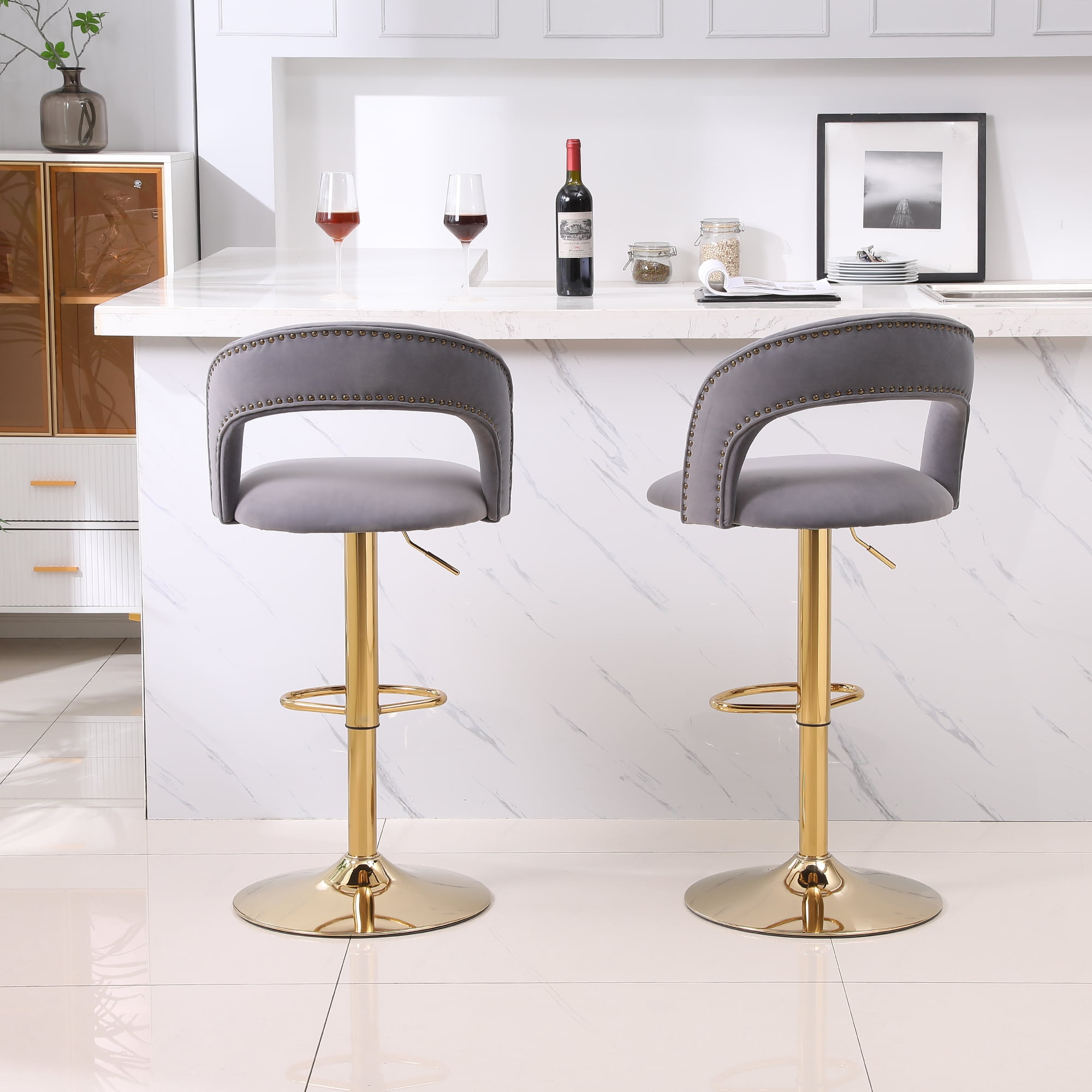Kadyn Adjustable Tufted Swivel Bar Stool with Back& Footrest for Home, Grey, Set of 2