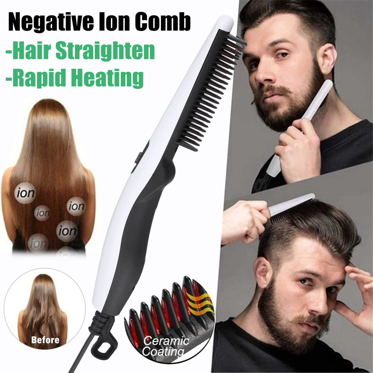 Electric Negative ion Hair Straightener Comb Beard Straightener Straightening Brush Hair Styling Curly Straight Dual use For Men Women Travel Hair Styler Walmart