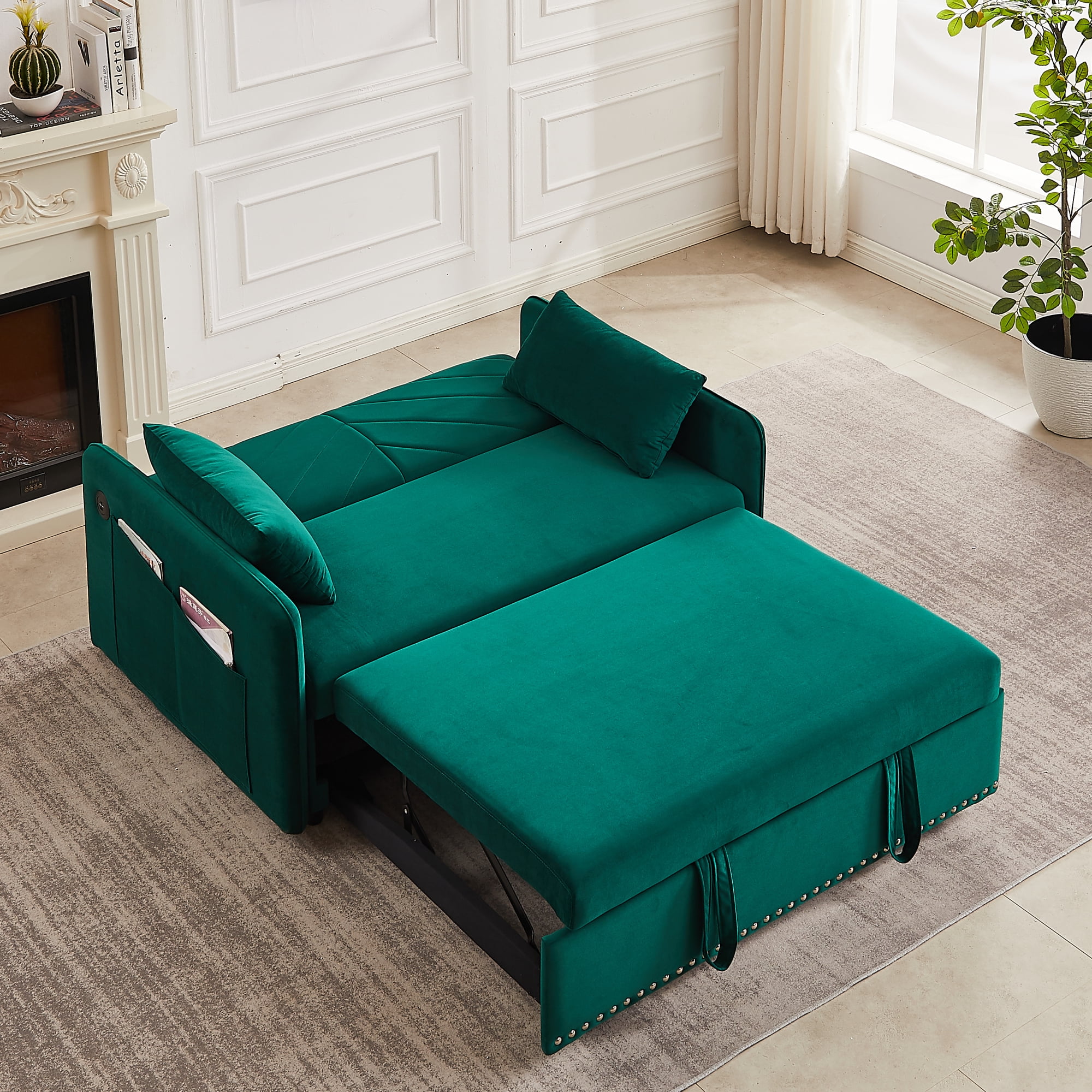55" Convertible Sleeper Sofa Bed,3 in 1 Convertible Sleeper Loveseat with USB Ports,Modern Velvet Pull Out Sofa Bed with 2 Pillows and Rivet Design for Living Room Furniture,Green