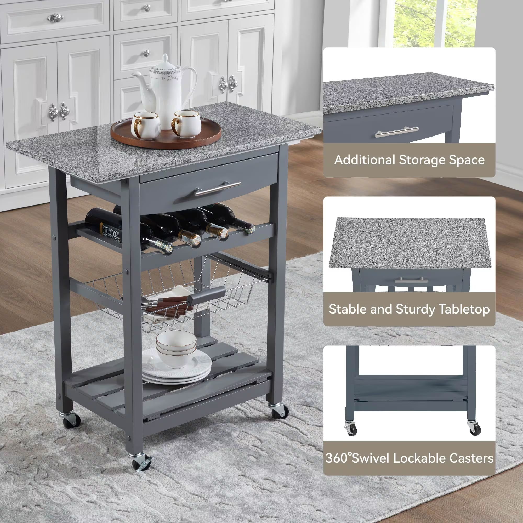 Mobile Rolling Kitchen Island Cart with Marble Top, Kitchen Trolley with Drawer & Slide-Out Wire Basket, Lockable Wheels, Portable Serving Cart for Kitchen, Dining Room, Grey