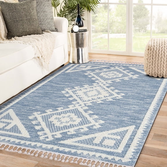 Luxe Weavers South Western Fringe Geometric Blue 8x10 Area Rug for Living Rooms