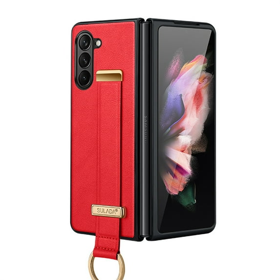 ELEHOLD Leather Case for Samsung Galaxy Z Fold 5,Premium PU Leather Full Body Protective with Ring Holder Wristband Shockproof Case for Samsung Z Fold5,Red