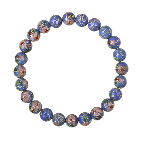 LTC Designs Light Blue Floral Cloisonné 8mm Beaded Stretch Bracelet, 7.5" for Men and Women