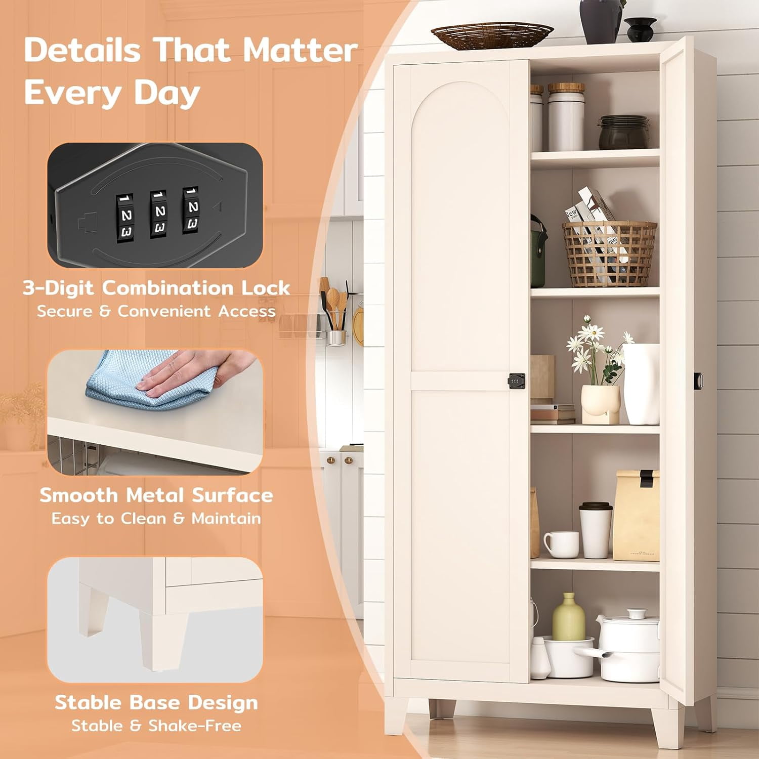 70" Tall Metal Storage Cabinet with 3-Digit Combination Lock, Steel Pantry Cabinet with 4 Adjustable Shelves & 2 Doors, Secure Freestanding Organizer for Home, Office, Garage, Beige
