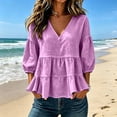 thumbnail image 5 of Guluxicc Women's Linen Blosures Loose Ruffled Bottom V Neck Short Bubble Sleeve Tops for Everyday Wear Spirng Summer Casual Outfits, 5 of 5