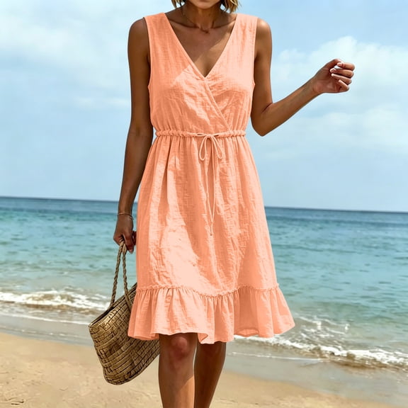 Ynynloco Womens Summer 100% Cotton Dresses Tie Waist V Neck Sleeveless Tiered Ruffle A-Line Tunic Mini Dress Casual Sundress Tank Dress