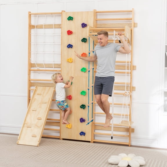 10-in-1 Indoor Playground Jungle Gym Climbing Toys for Kid, Wooden Climber Playset with Slide, Swing, Monkey Bars, Upright/Rope Ladder, Climb Net