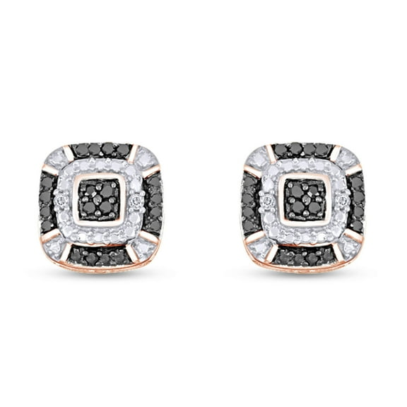 AFFY 0.1CT Natural Black & White Diamonds Square Halo Stud Earrings 14K Rose Gold over Silver
