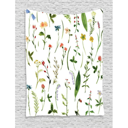 Watercolor Flower Decor Wall Hanging Tapestry, Set Of Different Kind Of Flowers And Herbs Weeds Plants Petite Earth Element Print, Bedroom Living Room Dorm Accessories, By
