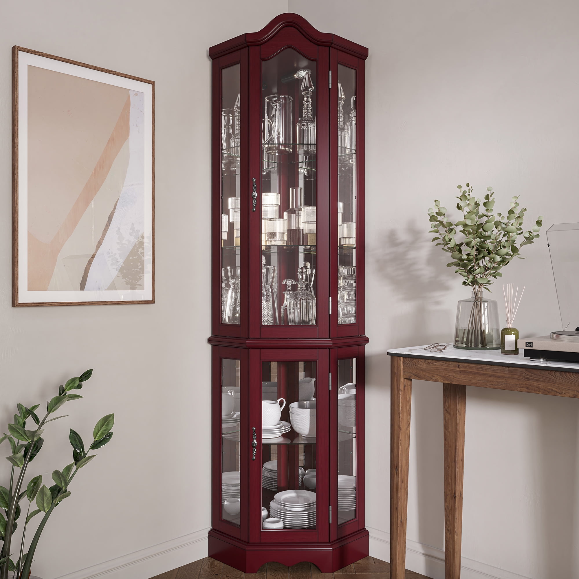 BELLEZE Loraine Canted Front Lighted Corner Curio Cabinet With 5 Tier Shelves Cherry