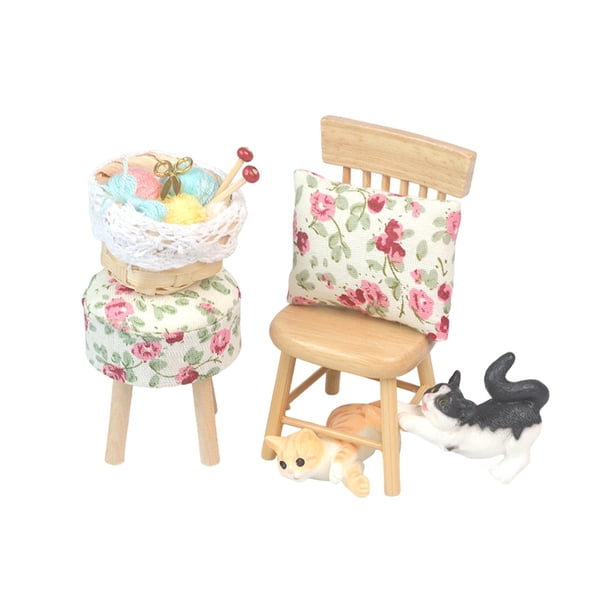 Juego de sillas en miniatura para casa de muñecas a escala 1/12 con caja de costura, mesa de comedor y silla. Estilo A