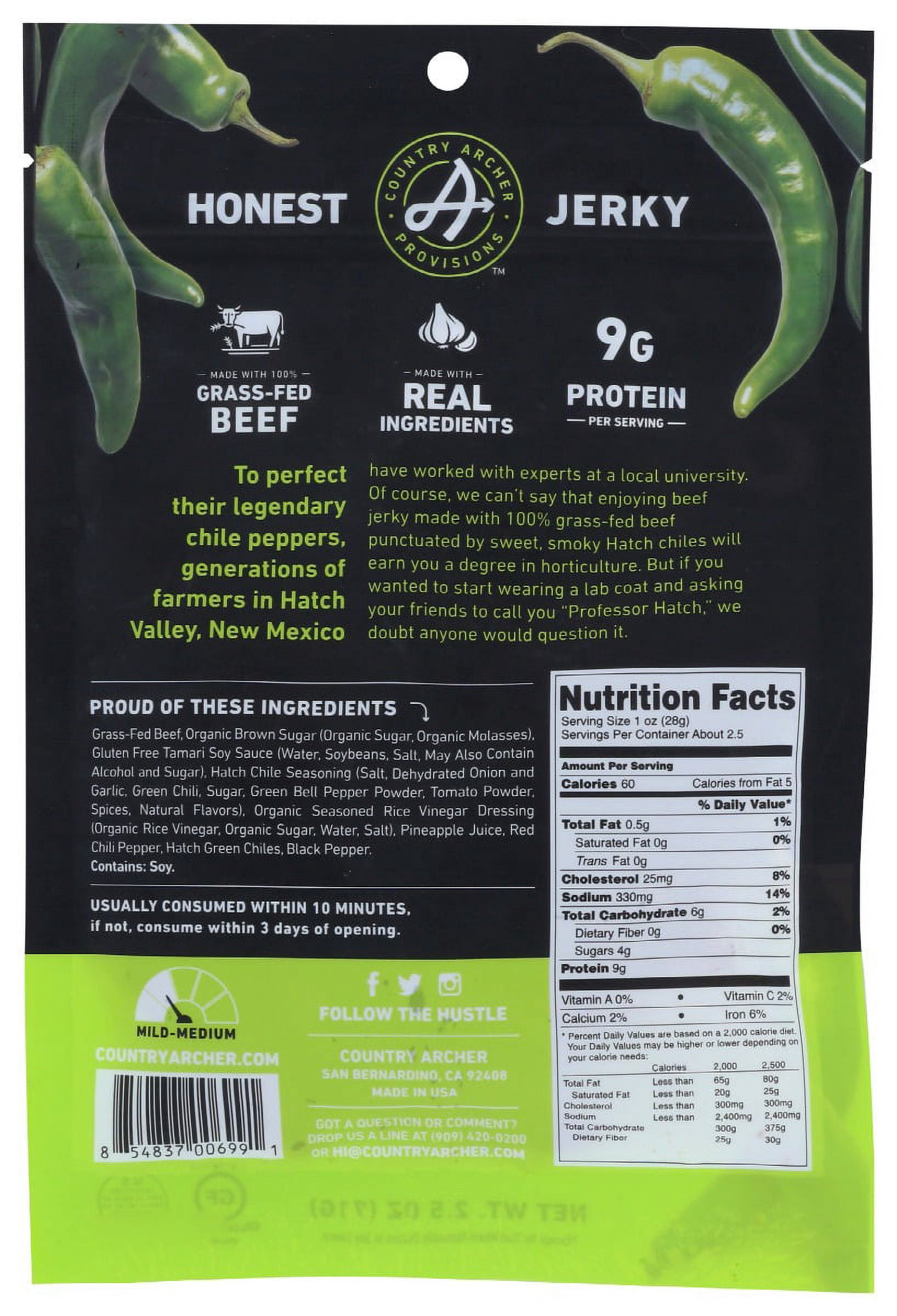 (Pack of 12), Country Archer Hatch Chile Beef Jerky, 2.5 oz