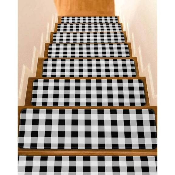 Black White Plaid Stair Treads for Wooden Steps Indoor Runner Rug Carpet, Spring Farmhouse Buffalo Checkered 10 Pieces Peel and Stick Staircase Step Treads Covers Washable Throw Door Mats, 30"x8"