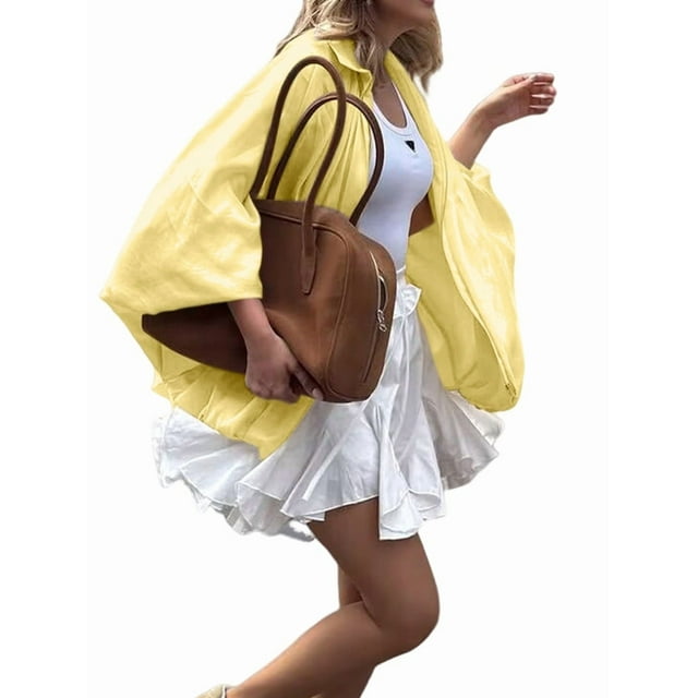 Veste Bombardier Bouffante pour Femmes Surdimensionnée Décontractée de Rue à Manches Chauve-Souris avec Col à Revers Plissé et Fermeture Éclair Jaune M