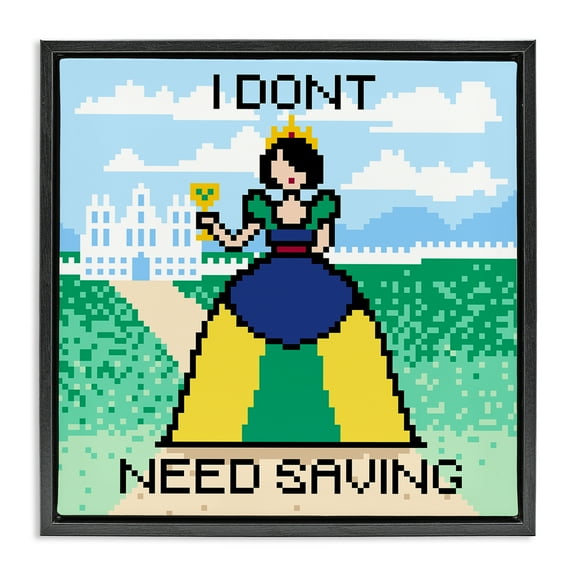 Stupell Industries Don't Need Saving Pixel Princess People Painting Black Floater Framed Canvas Art Print Wall Art, 18 x 18