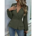 thumbnail image 5 of Women'S Elegant Solid Color Double Breasted Ruffle V-Neck Long Sleeved Shirt  Green XL, 5 of 8