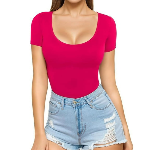 lmcalzta Womens Sexy Tops Short Sleeve Square Neck Slim Fitting Comfy Solid Tees Fashion 2025