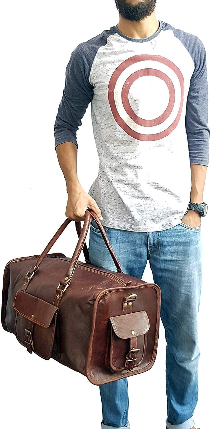 Jaald 20" Leather Duffle Bag Weekender Travel Luggage Carry On Holdall Sports Gym Overnight Bag Adventure Hiking Gear Gifts for Men Women