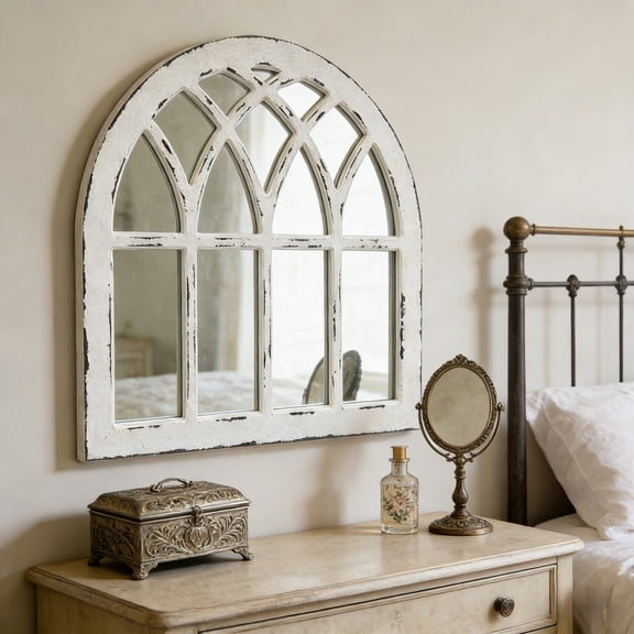 Parisloft 28.7"H Arched Windowpane Wood Framed Wall Mirror, Distressed White