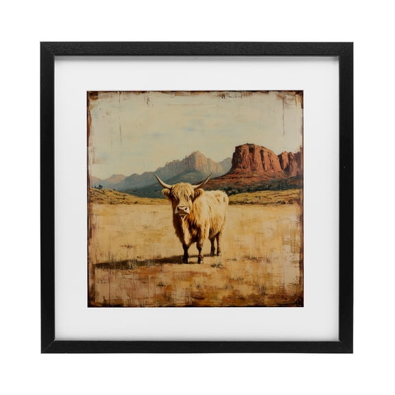 Stupell Industries Desert Cow Portrait Black Framed Print Under Glass design by Petal Prints Design, 13 x 13