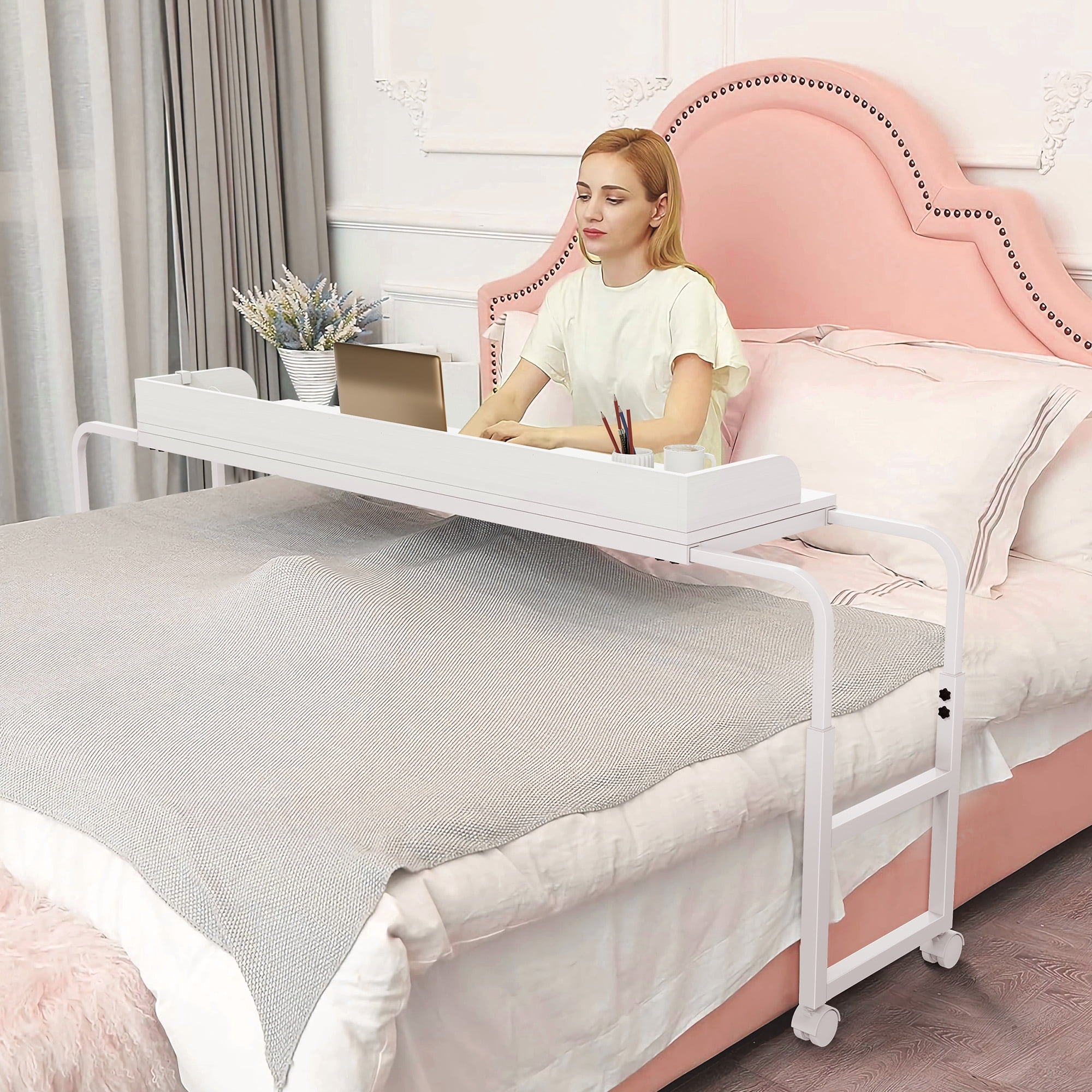 Frmobepts Overbed Table with Wheels, Queen Size Mobile Bed Desk with Adjustable Height and Led Light, Rolling Table, Laptop Table, Recliner Desk, for Bedroom, Living Room, Office,White
