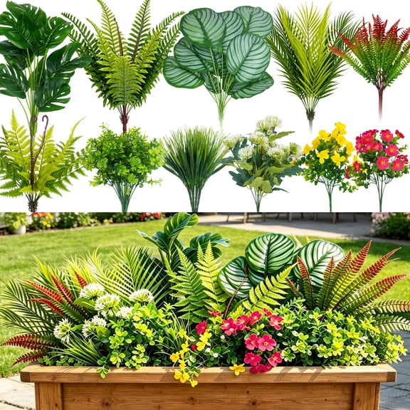 Huryfox 20 Pcs Artificial Plants Outdoor, Fake Tropical Plants & Flowers Mixed Pack, Faux Greenery Stems Boston Fern Shrubs for Home Garden Porch Window Box Decor