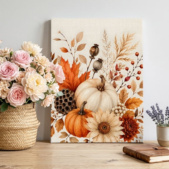 Thanksgiving Fall Canvas Wall Art for Living Room, Rustic Harvest Beige Orange Pumpkin Sunflower Leaf Poster Print Painting for Bedroom Office Home Decoration Wall Pictures Prepare To Hang 18"x24"