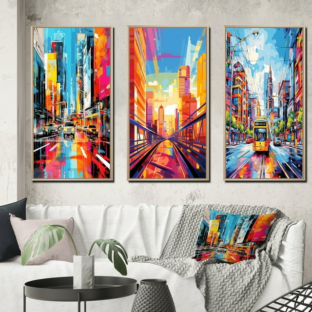 Designart "Pop Art Berlin II" Cityscapes Framed Wall Art Set Of 3 - Multi-Color Berlin Frame Gallery Set For Office Decor
