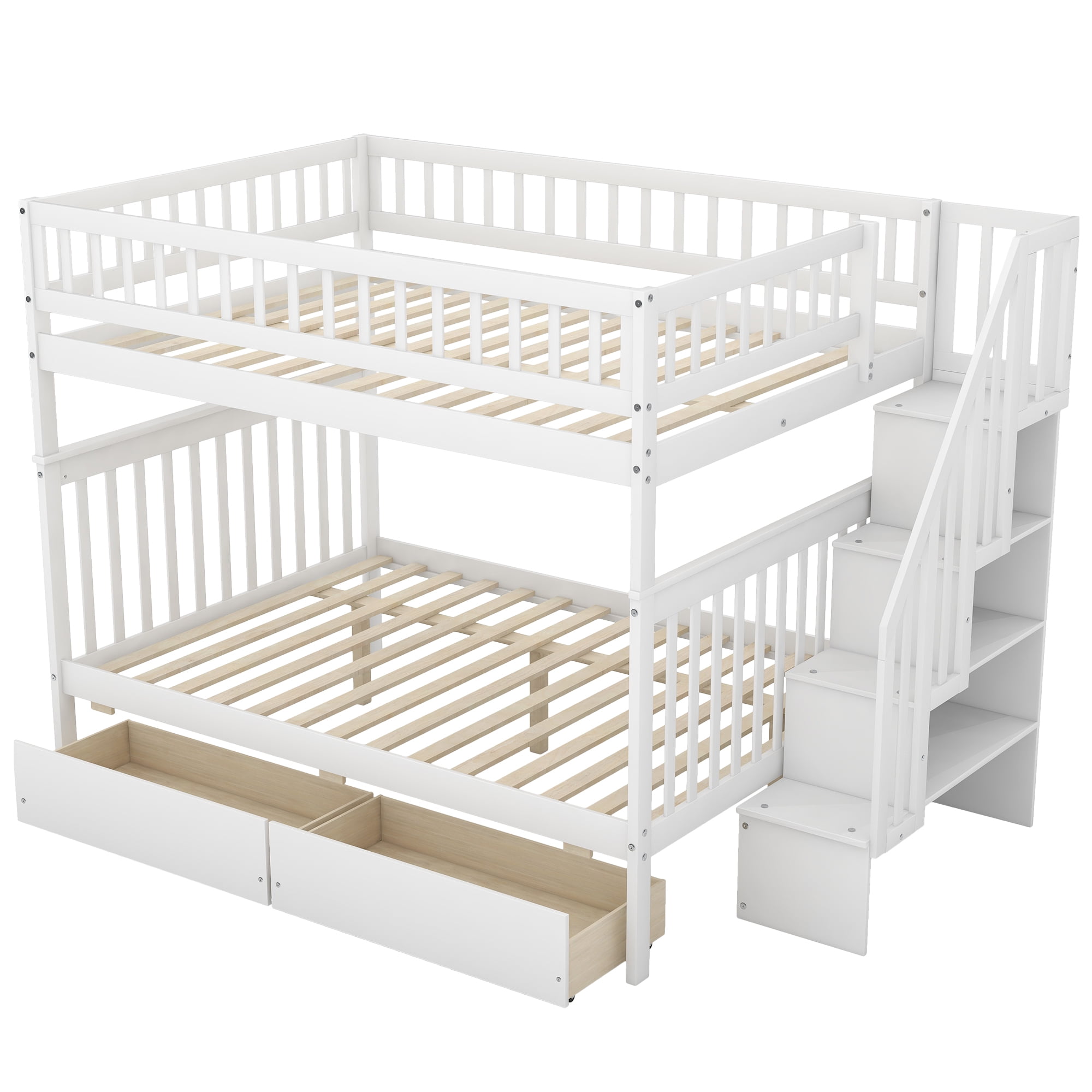 Euroco Full over Full Bunk Bed with Storage Shelves and 2 Under Storage Drawers for Kids Teens Room, White