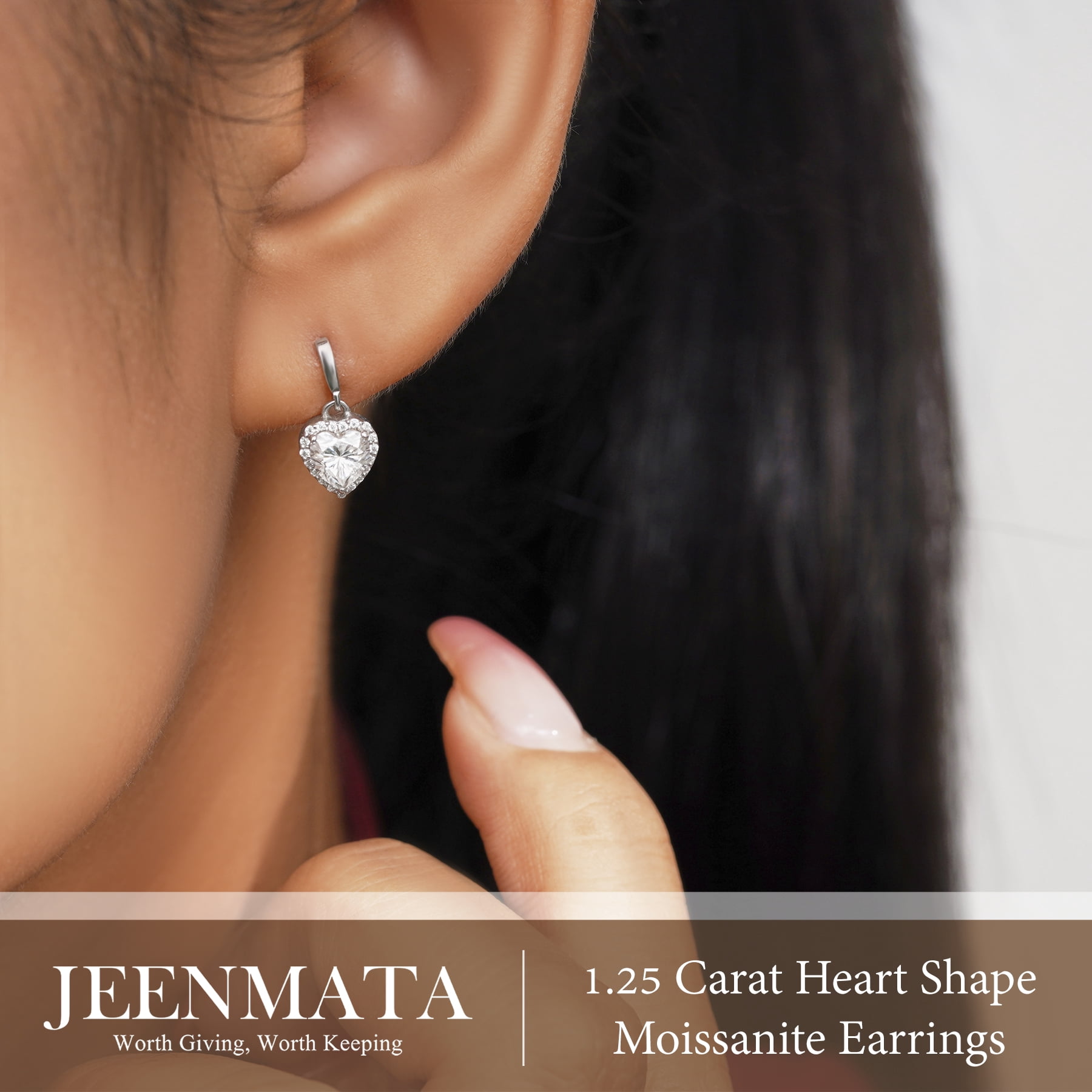JeenMata Forever Heart 1.25 Carat - Moissanite - April Earrings in 18K White Gold Plating over Silver