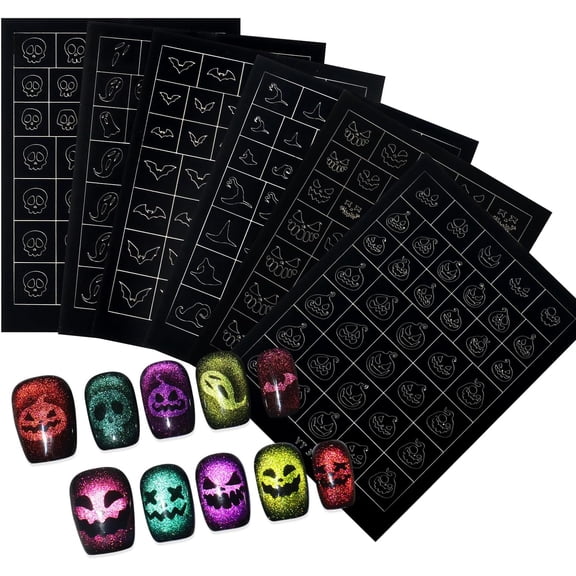 Halloween Nail Sticker Set - 6 Sheets of Self-Adhesive Hollow Stencils for Nail Art - Spooky & Stylish Designs with Bats, Ghosts, Pumpkins & Skulls - Easy to Use for Salon & Home Manicures
