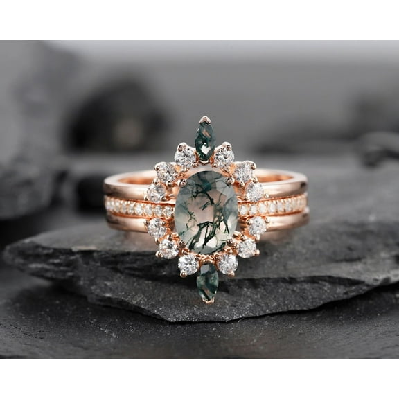 3PCS Oval Shape Moss Agate Engagement Ring Set, 14K Gold Plated Promise Wedding Rings Bridal Set, Nature Inspired Gold Plated, Silver Gift