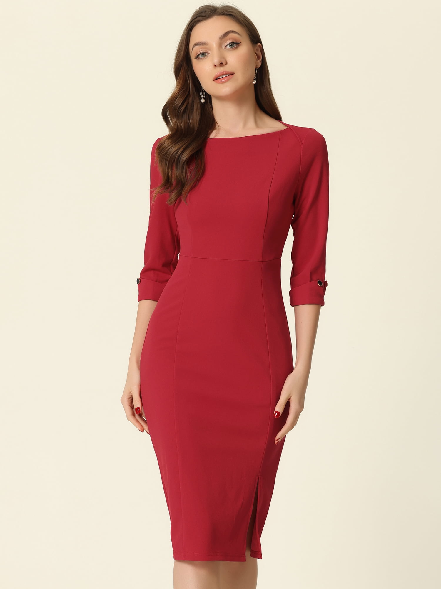 DARING DIVA Elegant Boat Neck 3/4 Sleeves Midi Split Sheath Dress M Red