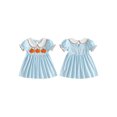 thumbnail image 2 of RUINIXCW Toddler Baby Girl Halloween Dress Outfit Kids Baby Girl Summer Fall Dress Clothes Pumpkin Ghost Letter Embroidery Doll Collar Short Sleeve Striped Dress, 2 of 9