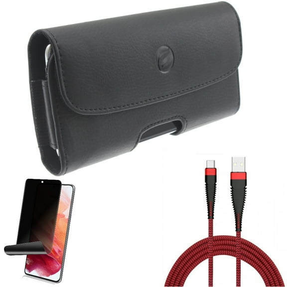 Case Belt Clip w 10ft USB Cable w Privacy Screen Protector for Samsung Galaxy S21 Plus - Leather Holster, Type-C Charger Cord, TPU Film Fingerprint Works Accessory Bundle