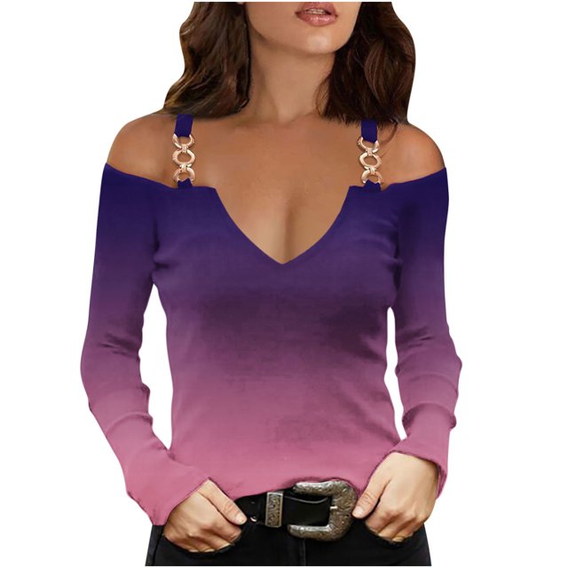 Birdeem Womens Ladies V Neck Casual Gradient Color T-Shirts Long Sleeve Pullover Blouse Tops