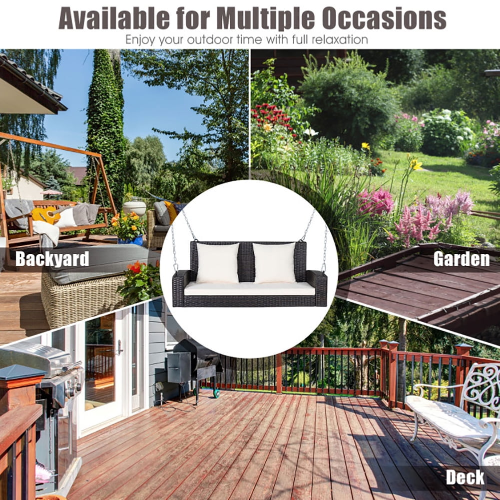 Aimee Lii 2-Person Patio Rattan Porch Swing with Cushions, Outdoor Patio Furniture, White Aimee Lii 2-Person Patio Rattan Porch Swing with Cushions, Outdoor Patio Furniture, White