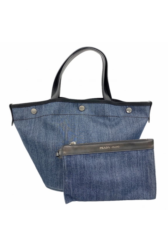 Pre-Owned Prada tote bag, denim blue and black, for women.