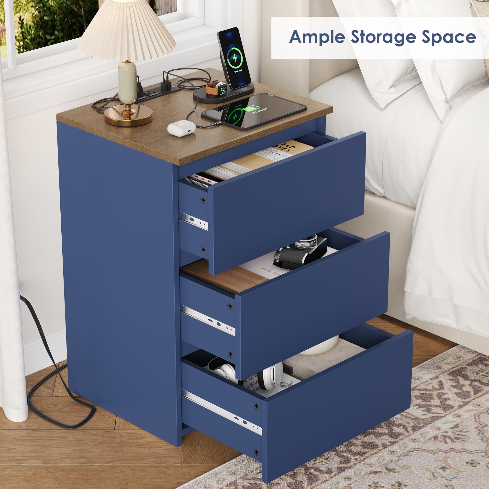 Homfa 3 Drawers Nightstand with Charging Station, Side Table with Storage for Living Room, Bedside Nightstand for Bedroom, Blue