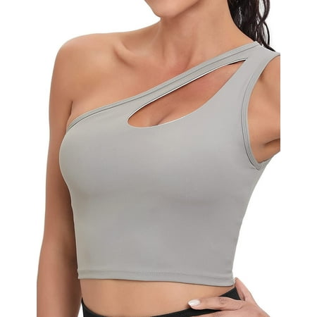 

QWZNDZGR One Shoulder Sports Bra Removable Padded Yoga Top Post-Surgery Wirefree Sexy Cute Medium Support