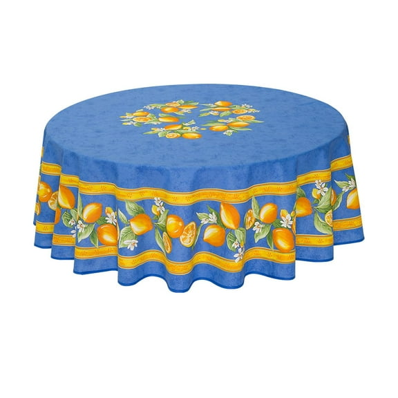 Round French Provencal Tablecloth Citron Blue, 70" Round, Easy Care Stain Resistant, Acrylic Coated 100% Cotton, Provencal French Luxury Linen