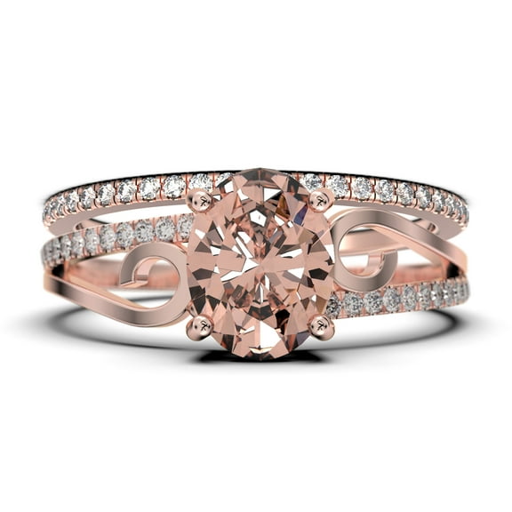 Gorgeous Art Nouvea 2.00 Carat Oval Cut Morganite And Diamond Moissanite Twirled Style Engagement Ring, Wedding Ring In 925 Sterling Silver With 18K Rose Gold Plating Gift For Her, Bridal Set